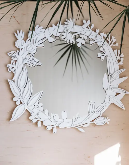 Small Wall Mirror SIZE S 11'' 27cm Boho Aesthetic Accent Mirror Compact Wood Floral Wall Art Decor Modern Style Unique Home Decor