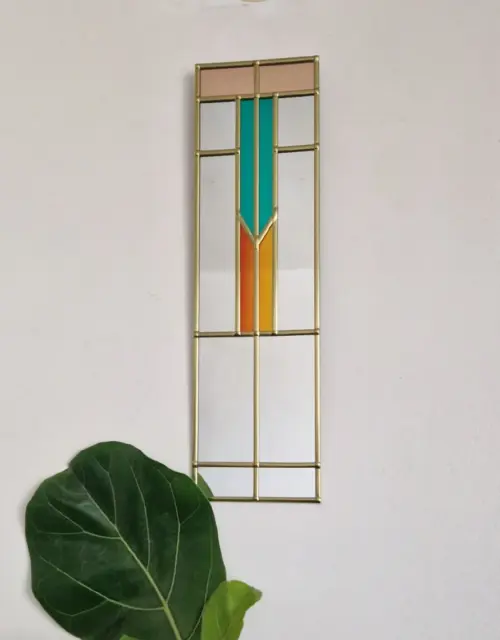 Art Deco Mirror handcrafted by Catfish Glass 11x40cm. Sunset orange, Vibrant Jade and peachy pink. Gold Lead.