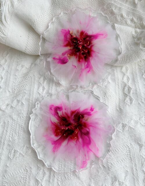 Resin Coaster [Floral Fusion] - Set of 2 Pink and White 3D Flower with Gold Leaf Flakes | Perfect for Gifting and Home Decor