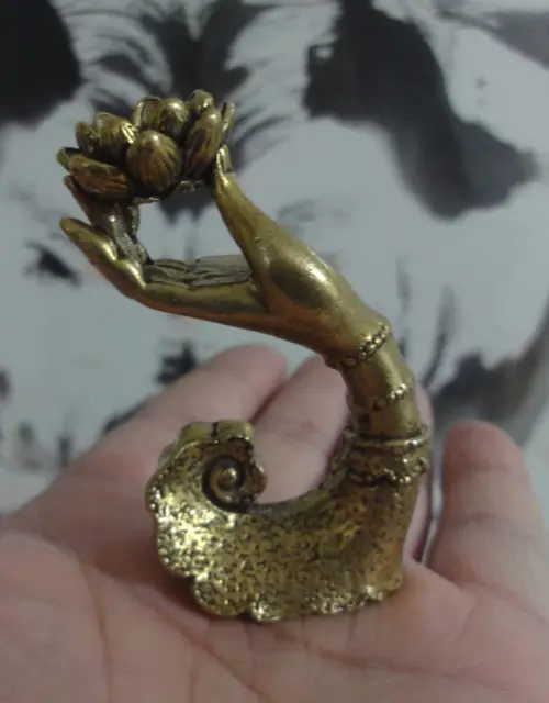 Vintage Style Solid Brass Copper Hand Holding Lotus Flower Statue Incense Stick Holder